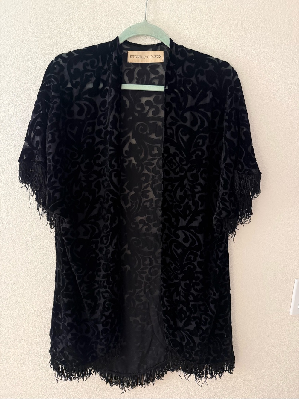 Stone Cold Fox Black Velvet Fringe Open-Front Kimono